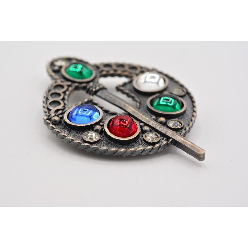 Vintage Pin Brooch Cabochon Large Heavy Celtic Ardagh Red Blue Chunky 70s BinAJ - Picture 10 of 12